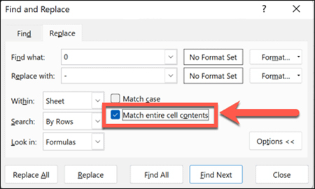 تبدیل صفر به خط تیره در اکسل, صفرها در اکسل, گزینه Match Entire Cell Contents را انتخاب کنید