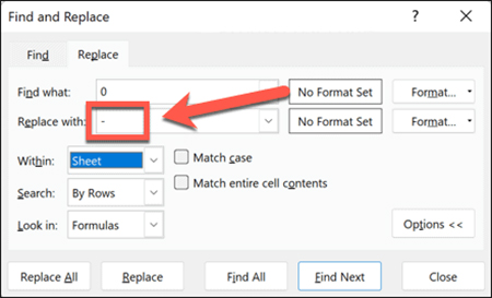 تبدیل صفر به خط تیره در اکسل, صفرها در اکسل, خط تیره را در قسمت Replace With وارد کنید