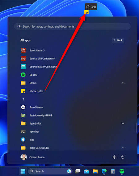 نحوه باز کردن Sticky Notes, نحوه استفاده از Sticky Notes در ویندوز, میانبر Sticky Notes را به دسکتاپ بکشید