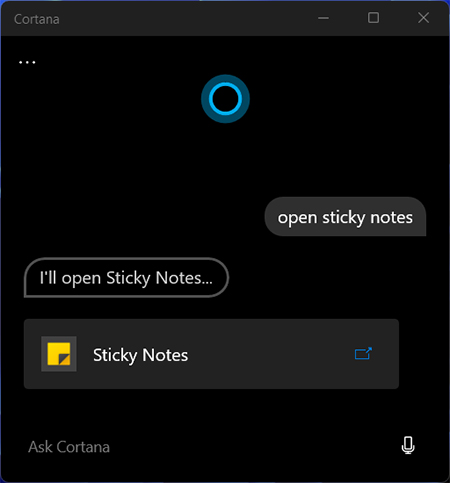 نحوه باز کردن Sticky Notes, نحوه استفاده از Sticky Notes در ویندوز, باز کردن Sticky Notes با استفاده از کورتانا