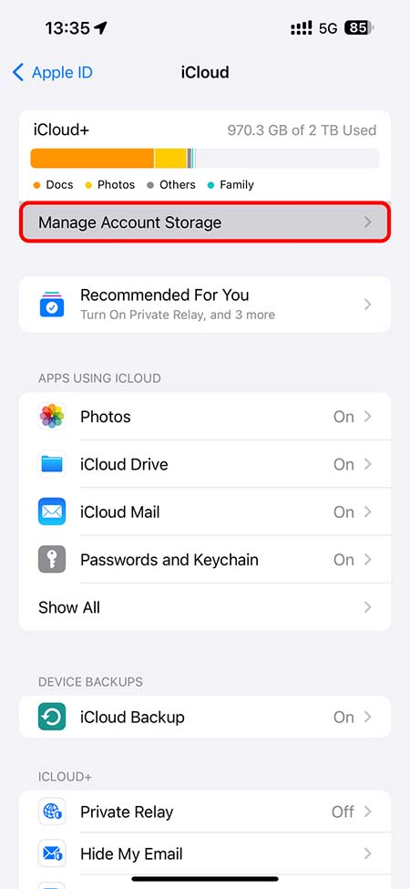 خالی کردن فضای آیکلود، خالی کردن فضای icloud storage