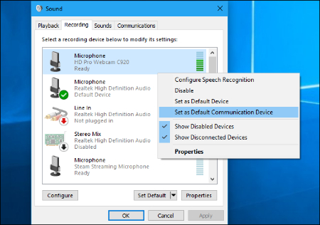 عدم کارکرد میکروفون در ویندوز 10, میکروفون پیش فرض خود را انتخاب کنید