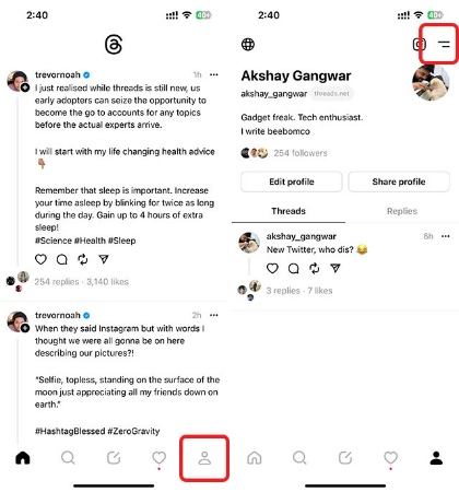حذف حساب Threads, چگونه حساب Threads را دی اکتیو کنیم, روی منوی همبرگر ضربه بزنید