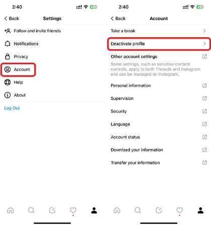 حذف حساب Threads, چگونه حساب Threads را دی اکتیو کنیم, Deactivate profile را انتخاب کنید