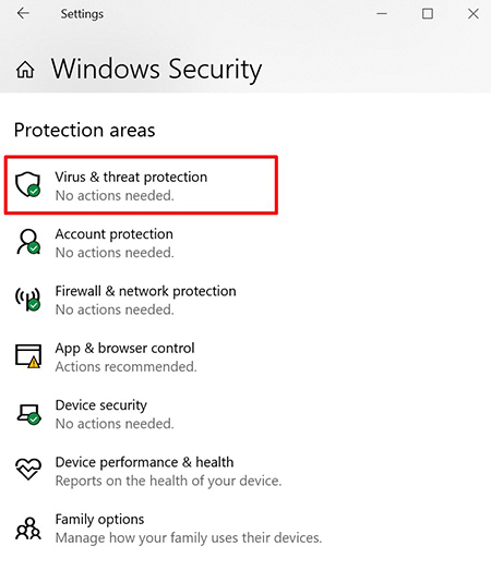 خطای DNS Server is Not Responding, رفع مشکل dns,Virus threat protection را انتخاب کنید