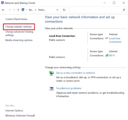 خطای DNS Server is Not Responding, رفع مشکل dns,روی Change adapter settings کلیک کنید