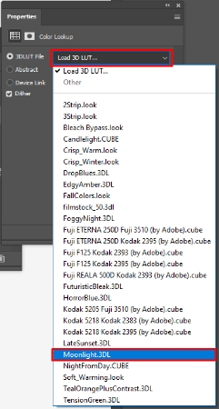 تبدیل روز به شب در فتوشاپ, تبدیل آسمان روز به شب در فتوشاپ, Moonlight LUT را انتخاب کنید
