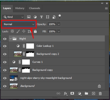 تبدیل روز به شب در فتوشاپ, تبدیل آسمان روز به شب در فتوشاپ, Normal را انتخاب کنید
