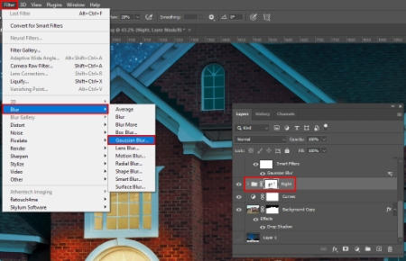 تبدیل روز به شب در فتوشاپ, تبدیل آسمان روز به شب در فتوشاپ, Gaussian Blur را انتخاب کنید