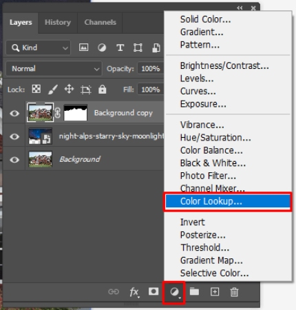 تبدیل روز به شب در فتوشاپ, تبدیل آسمان روز به شب در فتوشاپ, Color Lookup را انتخاب کنید