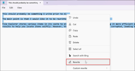 بازنویسی متن با AI در ویندوز 11, هوش مصنوعی در برنامه Notepad