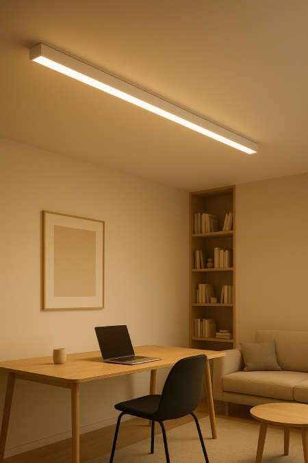 چراغ لاینر خطی نصب شده در سقف اتاق کار و پذیرایی، نور یکنواخت و گرم