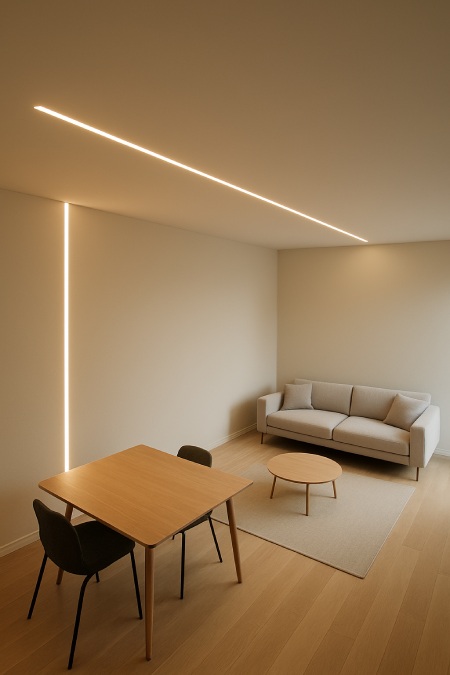 نمای داخلی مدرن با خطوط نور چراغ لاینر خطی نصب شده در سقف و دیوار